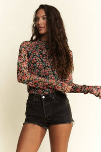 Juniper Mesh Floral Mock Neck Top | Long Sleeve Sheer Layering Blouse