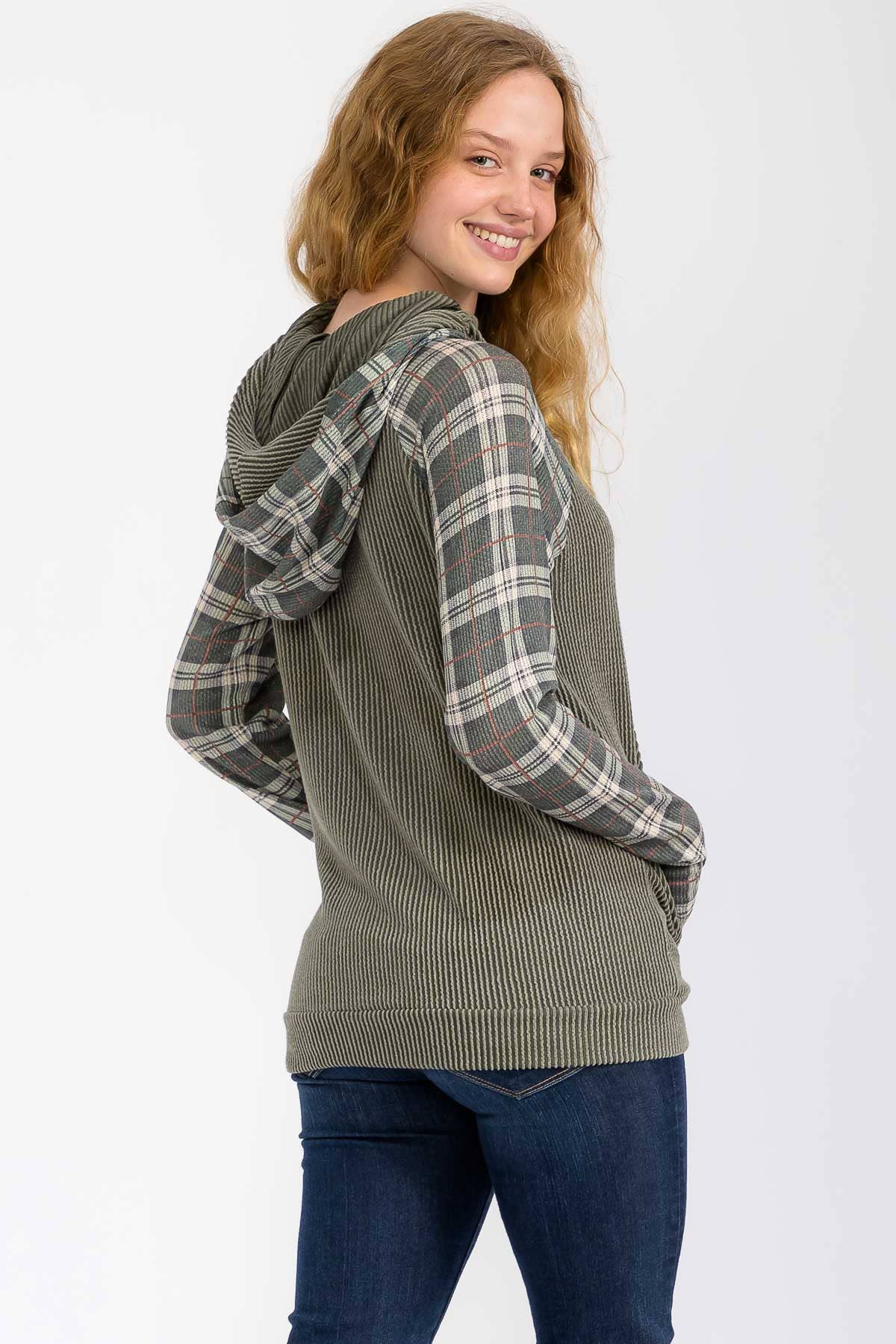 Everly Plaid Contrast Double Hooded Pullover – Ribbed Knit Hoodie with Thumbholes