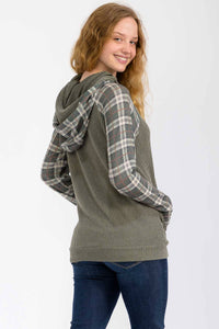 Everly Plaid Contrast Double Hooded Pullover – Ribbed Knit Hoodie with Thumbholes