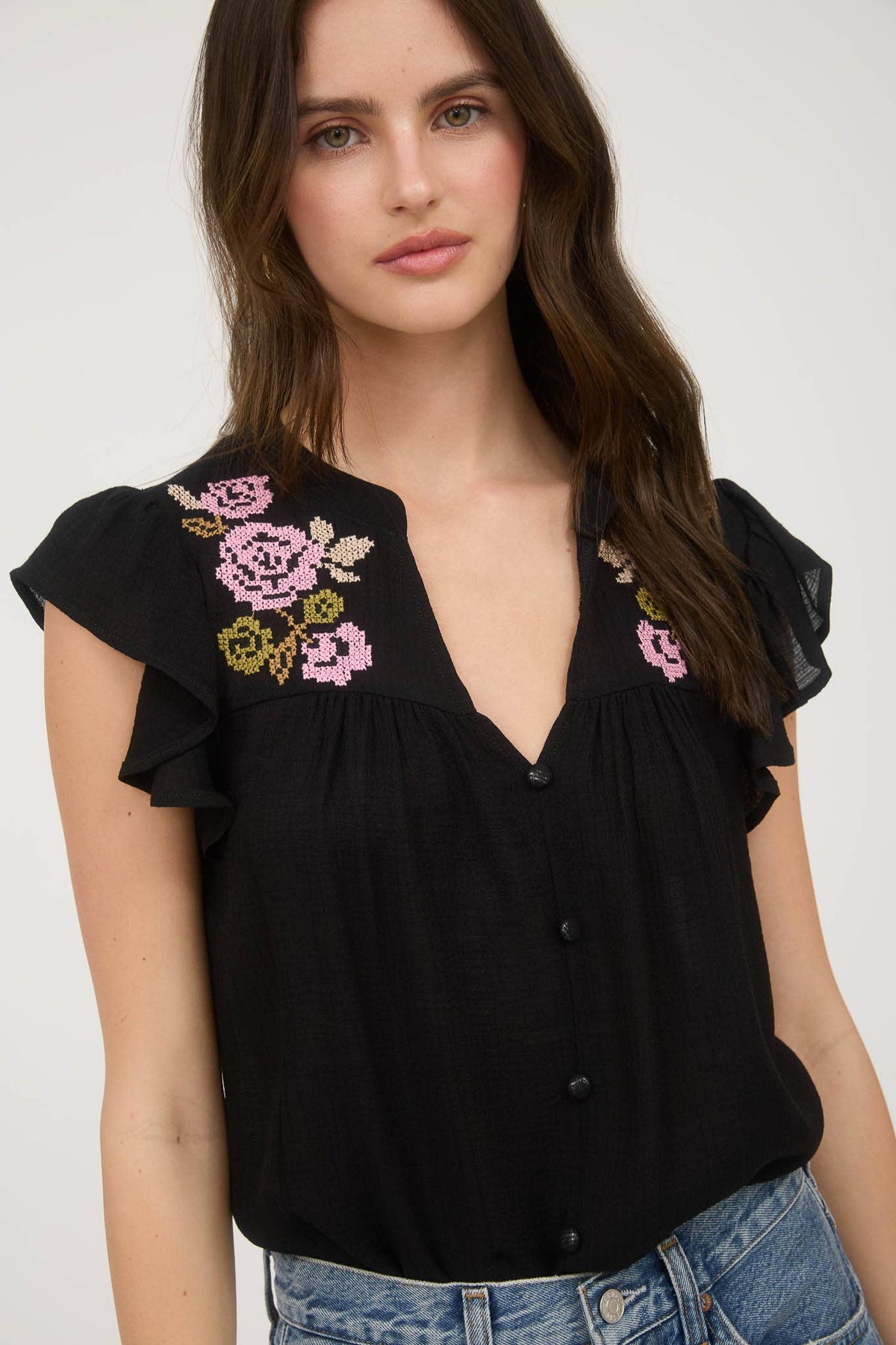 The Callie Embroidered Ruffle Sleeve Top – Black Button Front Blouse