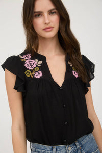 The Callie Embroidered Ruffle Sleeve Top – Black Button Front Blouse