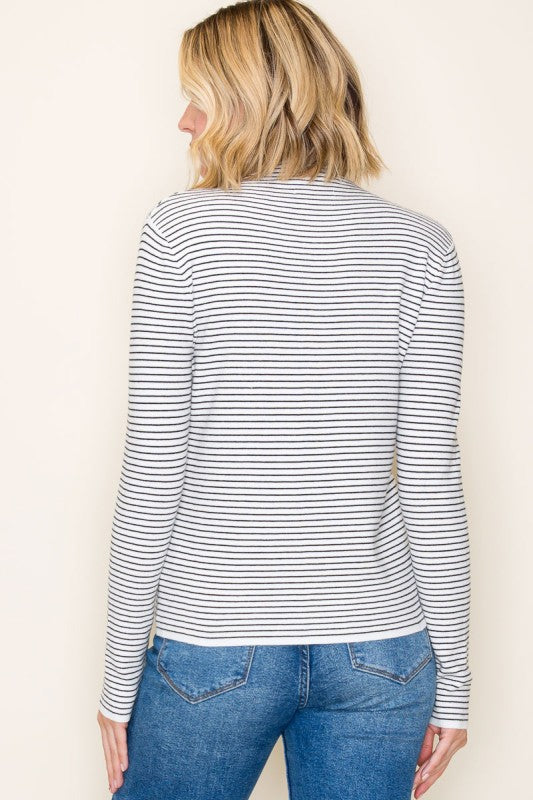 The Noelle Striped Mock Neck Sweater – Black & White Ribbed Knit