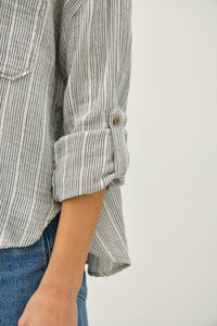 The Dakota Striped Gauze Button-Up Top – Charcoal & Amber