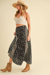 Melanie Floral Patchwork Maxi Skirt – Boho High Waist Flowy Skirt