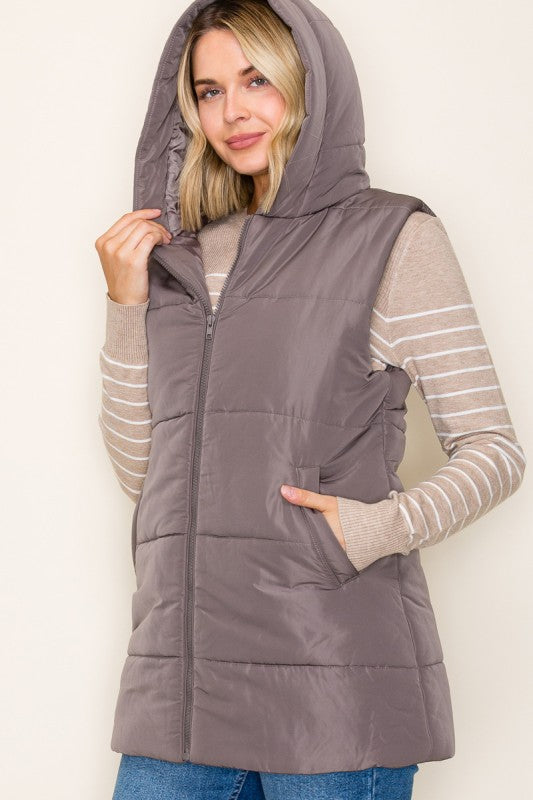 The Briar Hooded Puffer Vest – Gunmetal & Evergreen Mist