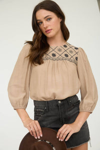 The Rylie Embroidered Yoke Blouse – 3/4 Sleeve Boho Top (Navy or Taupe)