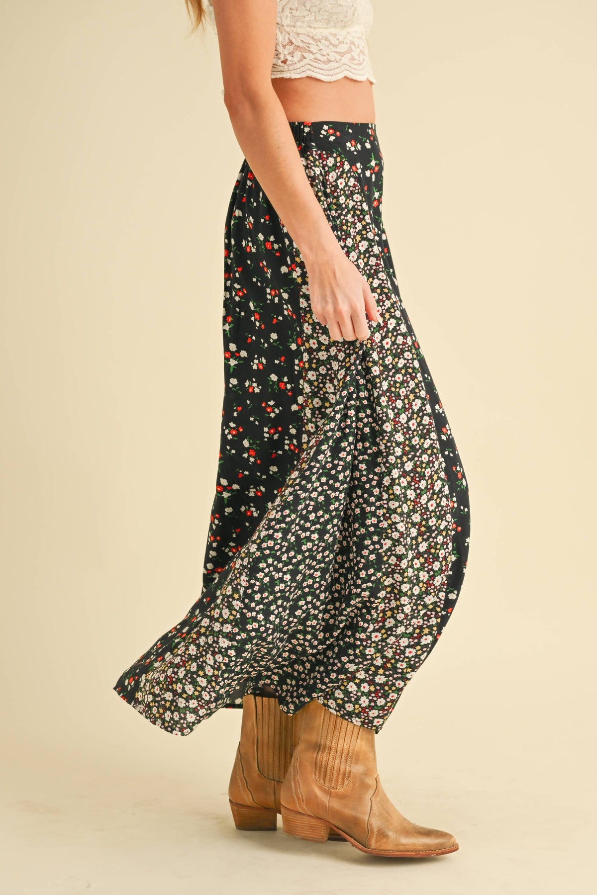 Melanie Floral Patchwork Maxi Skirt – Boho High Waist Flowy Skirt