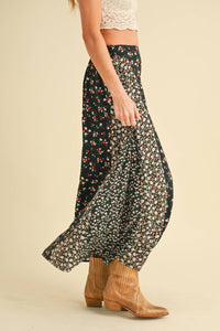 Melanie Floral Patchwork Maxi Skirt – Boho High Waist Flowy Skirt