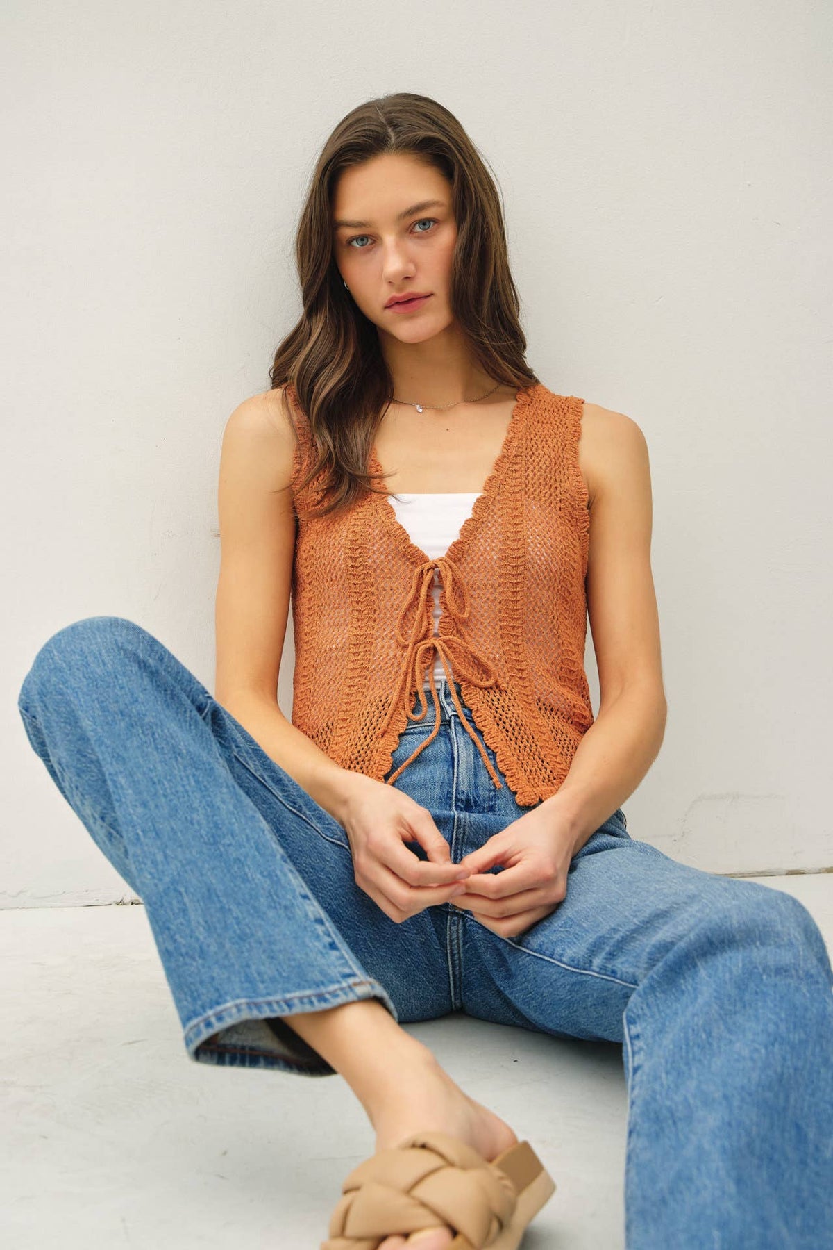 Sunset Dreams Crochet Knit Vest: Apricot | Boho Chic Open-Front Crochet Top with Tie Closure | Women's Layering Piece for Spring & Summe