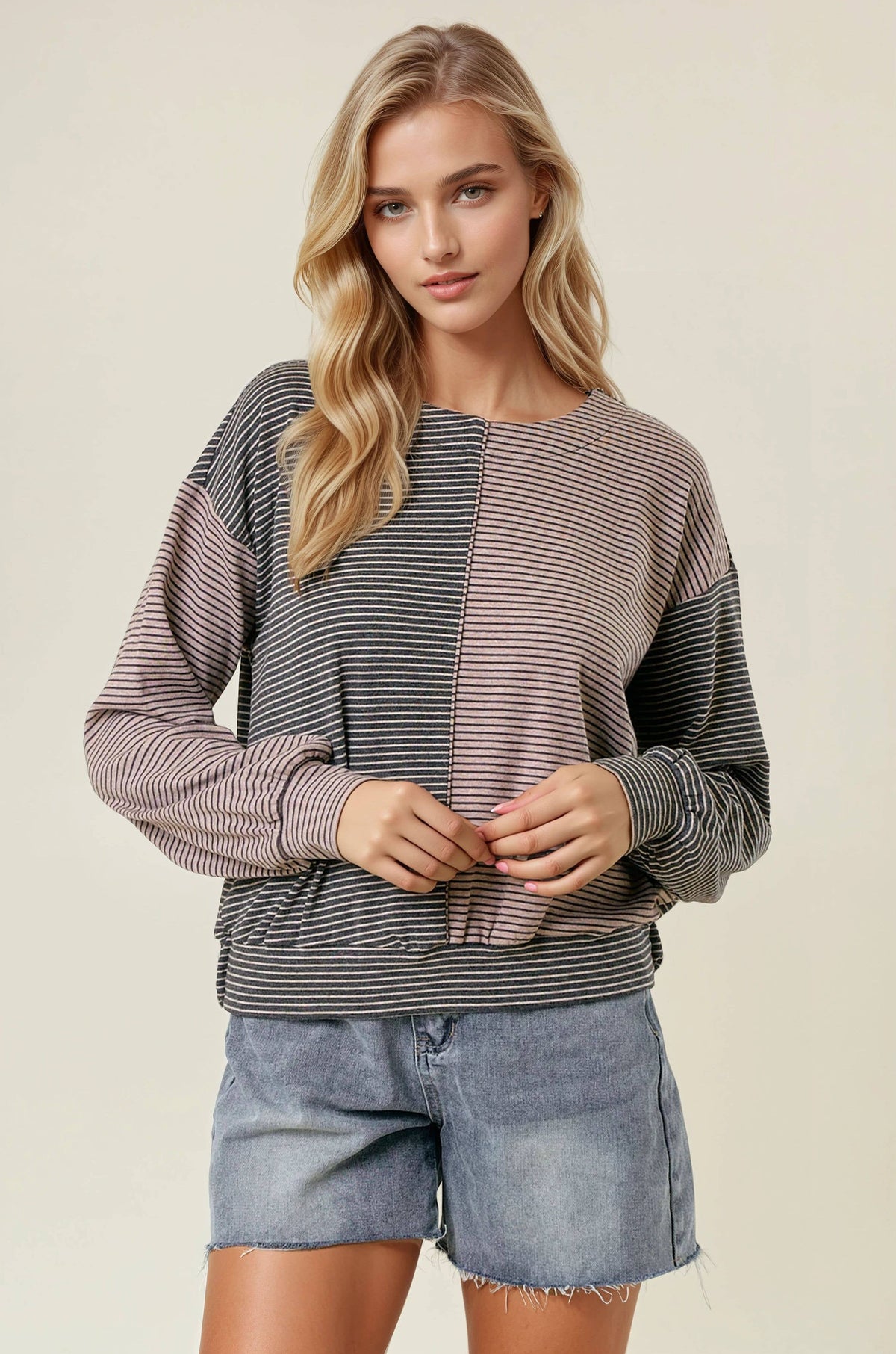 The Tessa Two-Tone Stripe Top – Charcoal/Wheat Mix