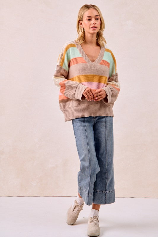 The Mabel Multi Stripe V-Neck Sweater – Pastel Rainbow Knit Pullover