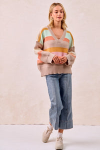 The Mabel Multi Stripe V-Neck Sweater – Pastel Rainbow Knit Pullover