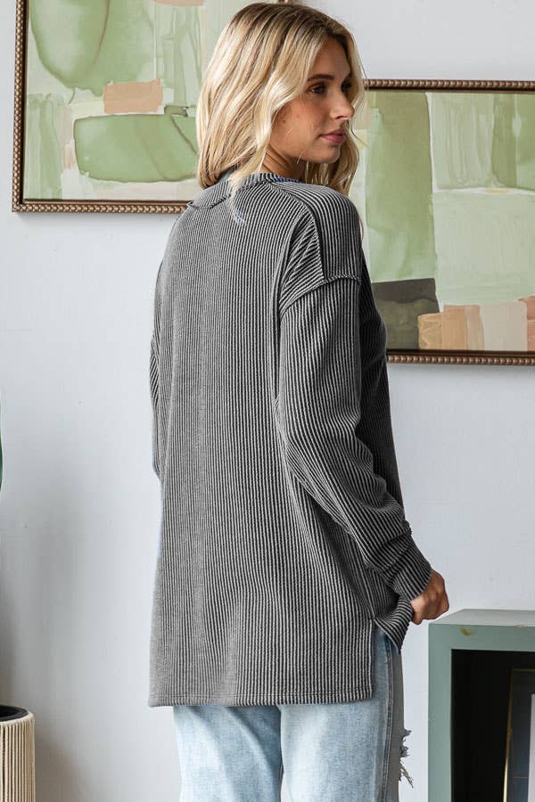 Sadie Ribbed V-Neck Long Sleeve Top – Relaxed Fit Textured Knit