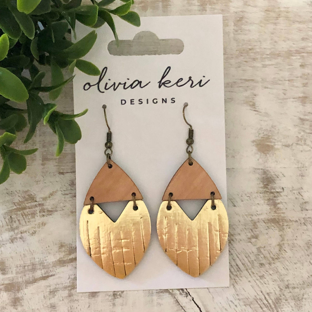 Josie Gold Leather and Wood Drop Earrings – Geometric Cork Statement Earrings