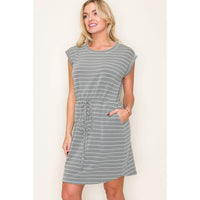The Tessa Striped T-Shirt Dress – Women’s Casual Drawstring Waist Dress with Pockets | Terry Knit Short Sleeve Lounge Dress