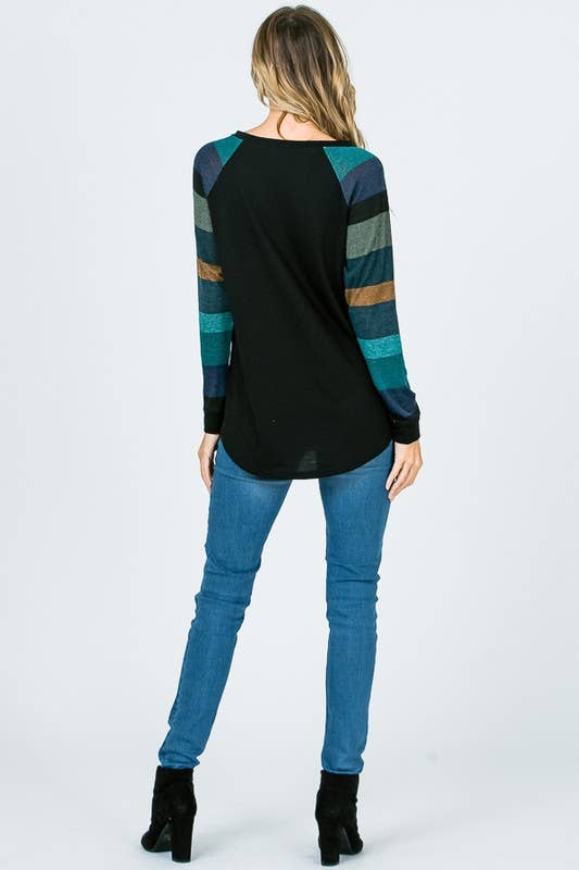 Lisa Stripe Sleeve Casual Blouse: Jade/ Black