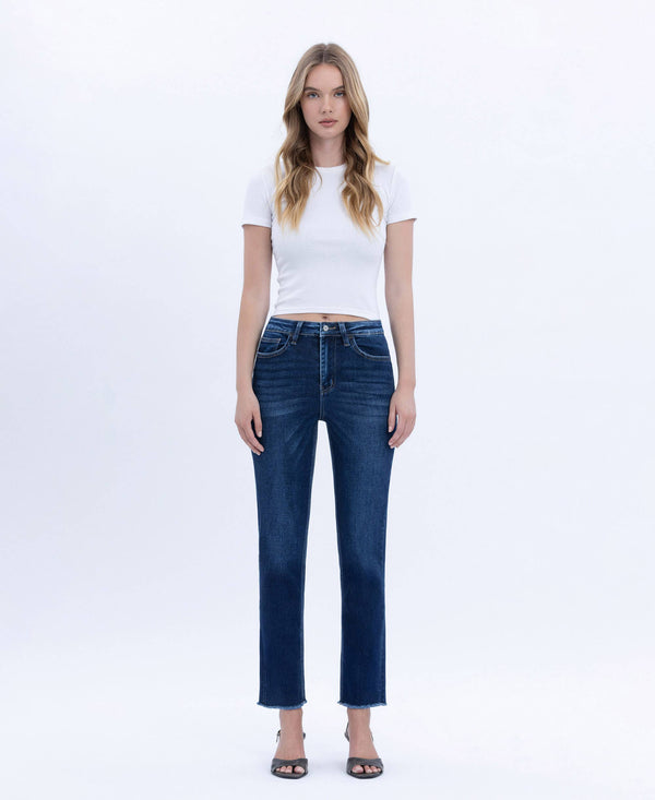 Vervet by Flying Monkey "Elara" Super High Rise Slim Straight Jeans – Raw Hem Cropped Denim