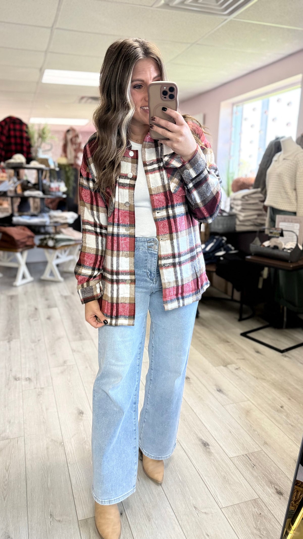 The Sadie Plaid Button-Up Shacket – Red Clay Check (S–XL)