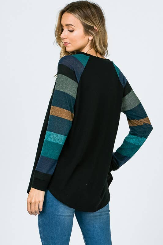 Lisa Stripe Sleeve Casual Blouse: Jade/ Black