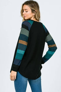 Lisa Stripe Sleeve Casual Blouse: Jade/ Black