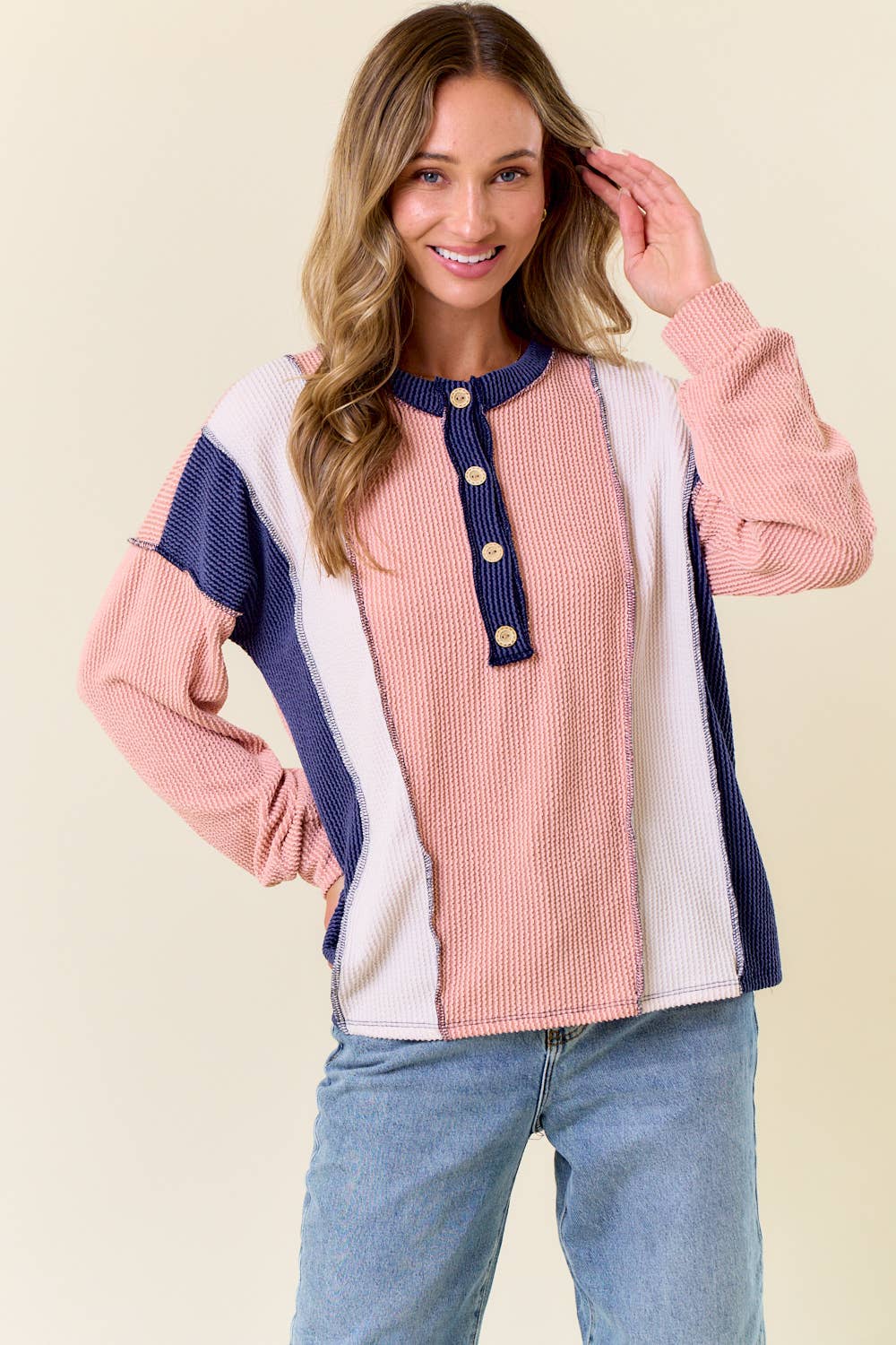 The Clara Colorblock Waffle Knit Henley – Neutral Stripe Patch Pullover