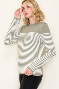 Elsie Striped Boat Neck Pullover Sweater – Sage & Cream Color Block