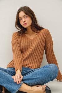 Georgia Ribbed V-Neck Sweater – Cozy Rust Knit Pullover with Drop Shoulders