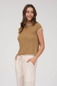The Marlowe Contrast Trim Sweater Top – Camel Knit Short Sleeve Pullover