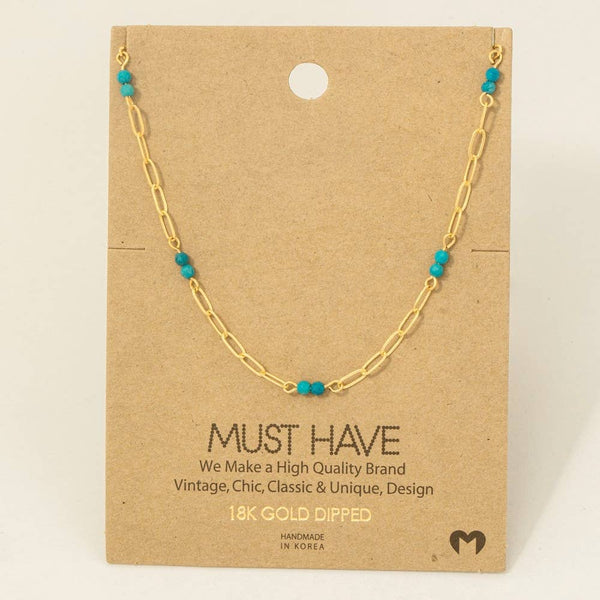The Cora Gemstone Chain Necklace – Gold Link with Black or Turquoise Beads