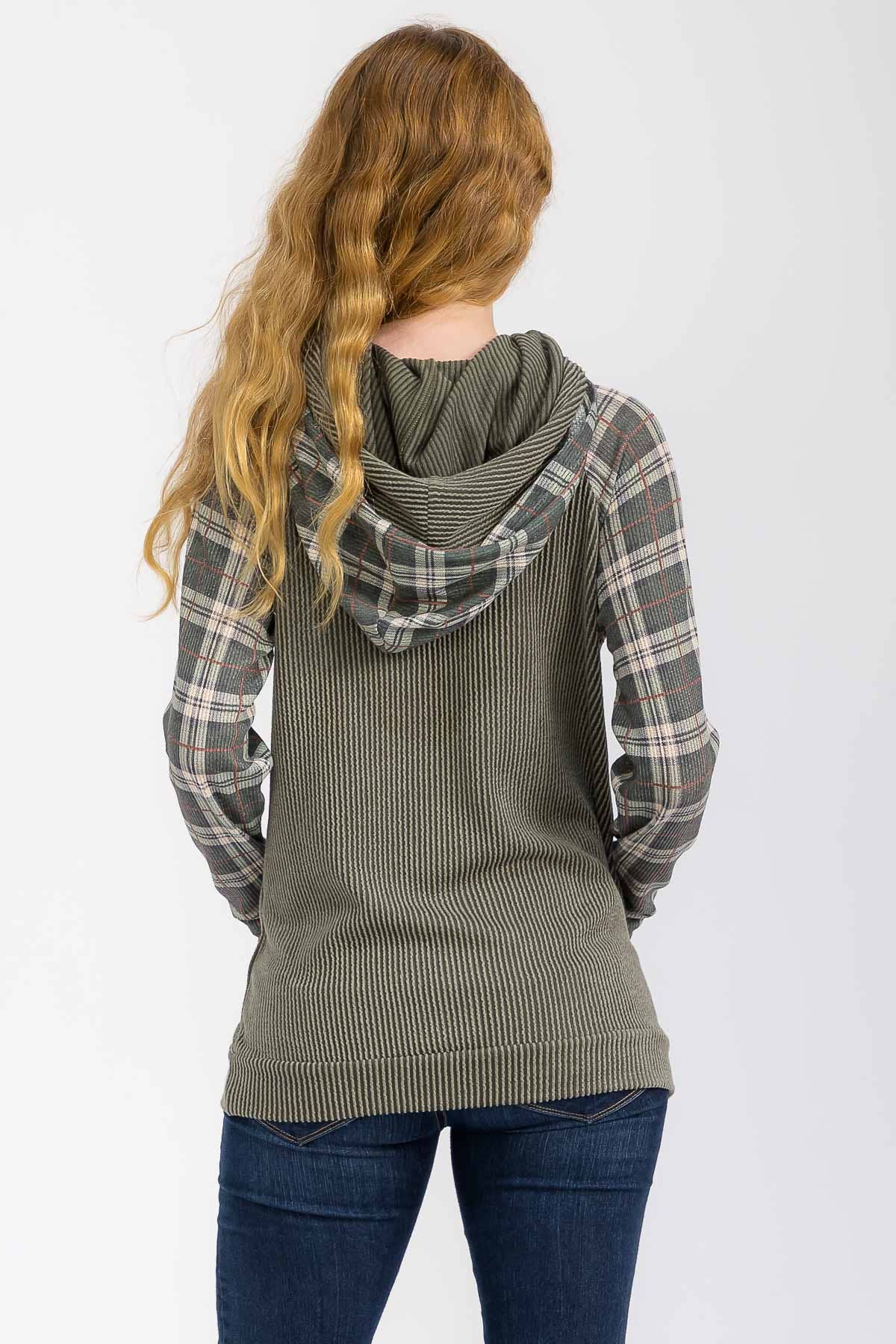 Everly Plaid Contrast Double Hooded Pullover – Ribbed Knit Hoodie with Thumbholes