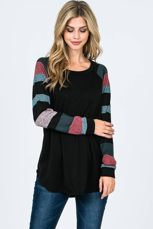 Lisa Stripe Sleeve Casual Blouse: Jade/ Black