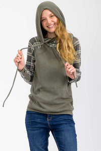 Everly Plaid Contrast Double Hooded Pullover – Ribbed Knit Hoodie with Thumbholes
