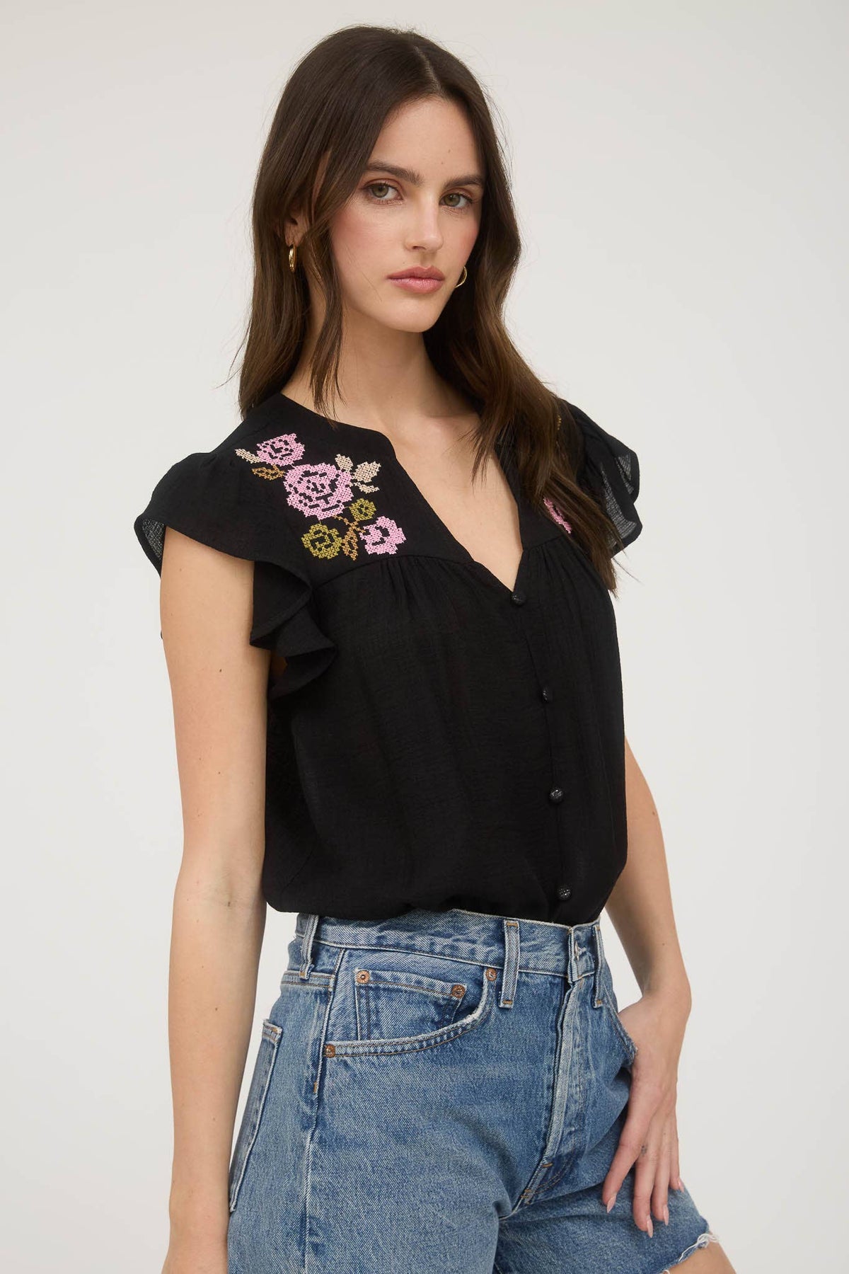 The Callie Embroidered Ruffle Sleeve Top – Black Button Front Blouse