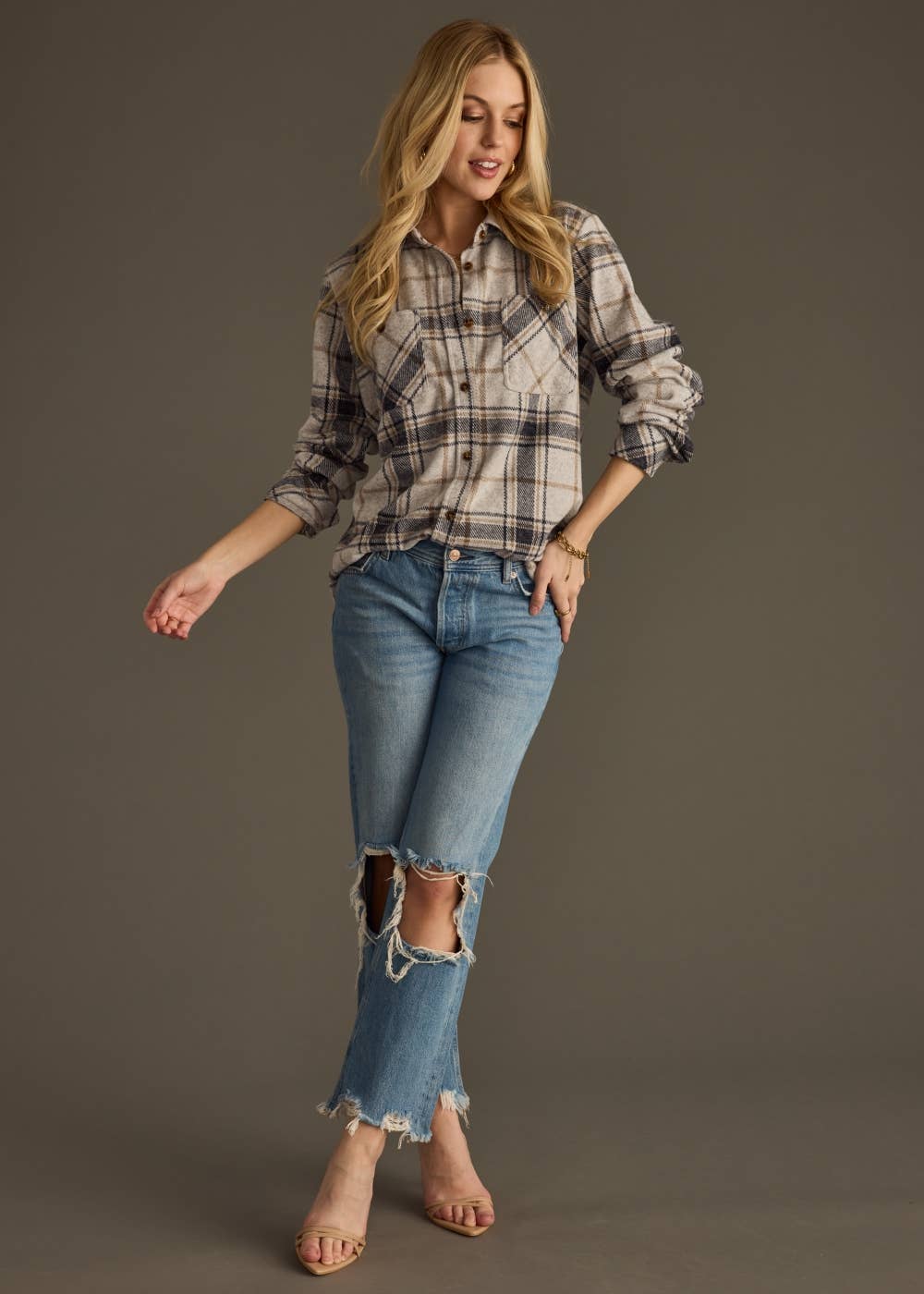 The Sutton Soft Brushed Plaid Button-Up – Black/ Lt Grey/ Brown