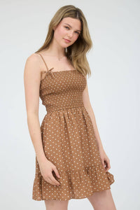 June Dotted Smocked Mini Dress – Mocha Polka Dot
