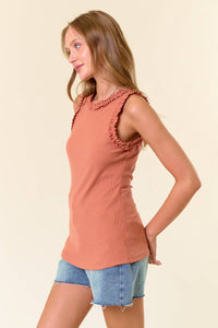 The Ivy Ruffle Ribbed Tank – Sleeveless Fitted Top with Ruffle Trim | Stretch Knit Crew Neck Tank
