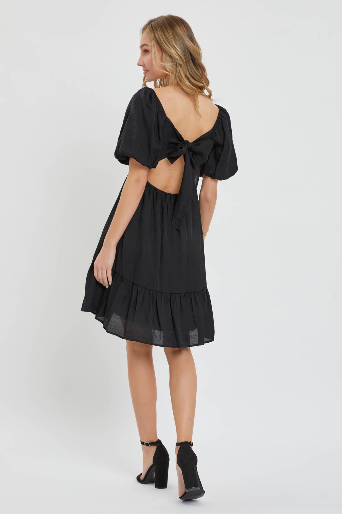 Delilah Black Puff Sleeve Babydoll Mini Dress – Flowy Square Neck Dress for Special Occasion