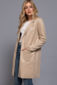 Maribel Faux Suede Open Front Jacket – Longline Blazer Coat with Pockets