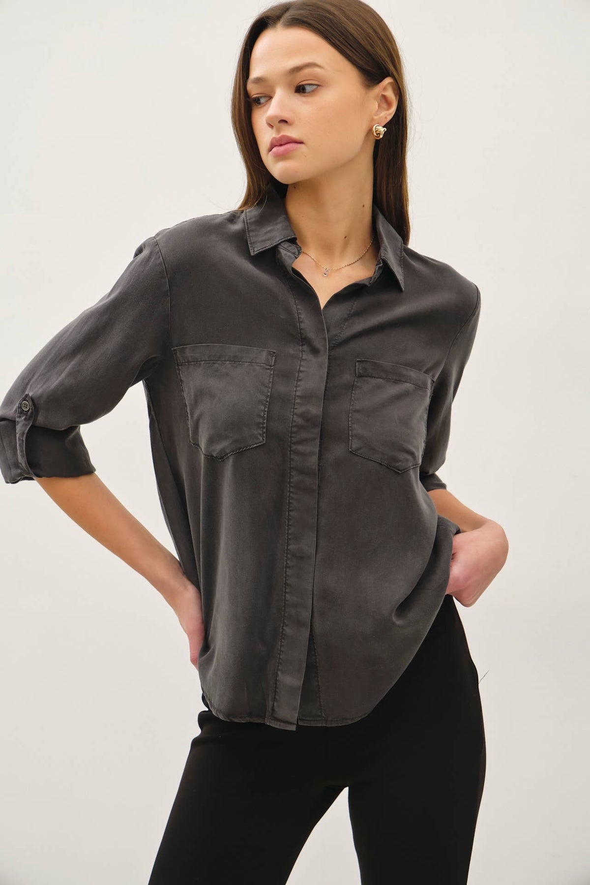 The Elsie Washed Tencel Button Down – Charcoal