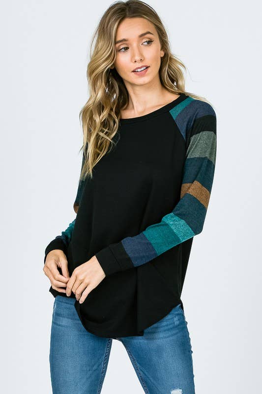 Lisa Stripe Sleeve Casual Blouse: Jade/ Black