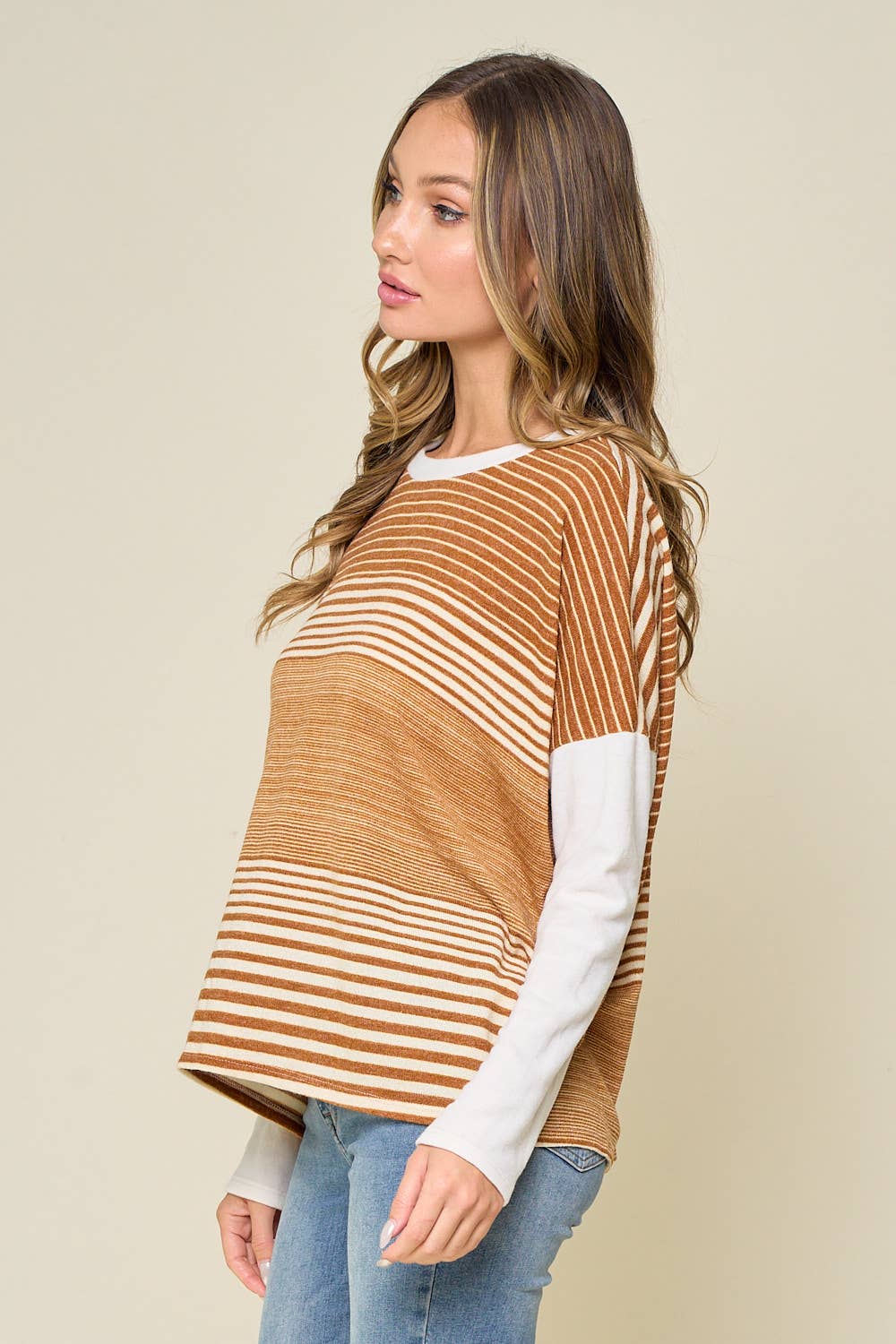 The Hadley Mixed Stripe Long Sleeve Knit Top – Mustard + Ivory Colorblock Pullover