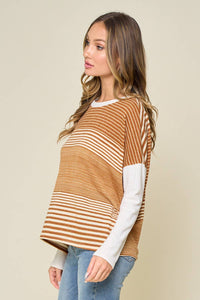 The Hadley Mixed Stripe Long Sleeve Knit Top – Mustard + Ivory Colorblock Pullover