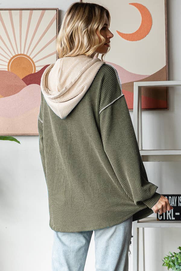 Elena Ribbed Button Front Hoodie – Colorblock Knit Pullover with Bishop Sleeves