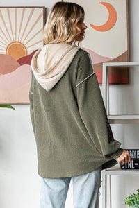 Elena Ribbed Button Front Hoodie – Colorblock Knit Pullover with Bishop Sleeves