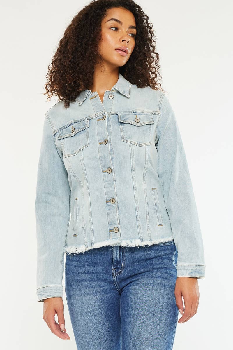 The Dawson Frayed Hem Denim Jacket – Light Wash Comfort Stretch