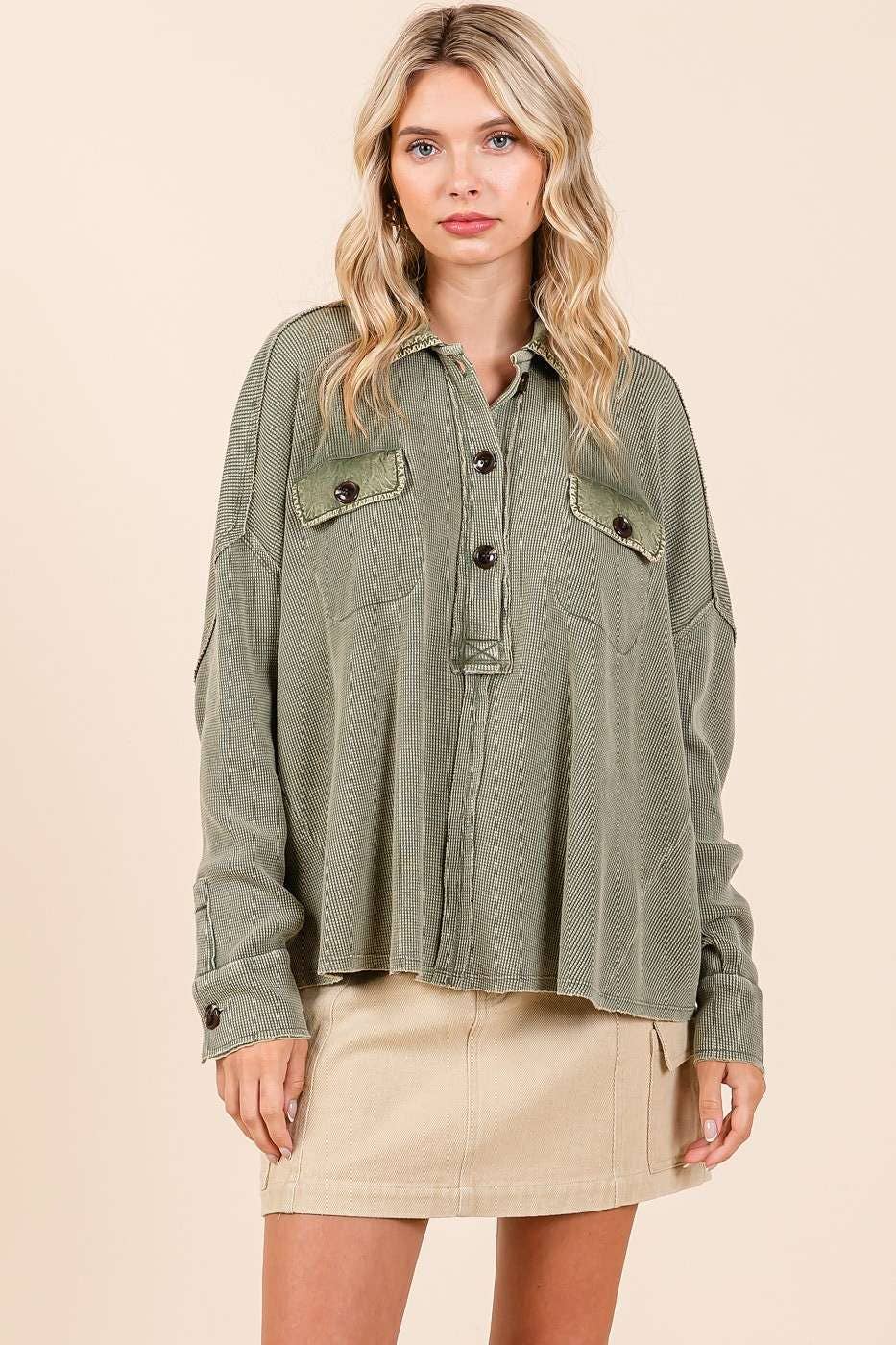 The Rowan Mineral Wash Waffle Knit Top – Olive Green Henley Pullover