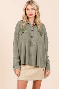 The Rowan Mineral Wash Waffle Knit Top – Olive Green Henley Pullover