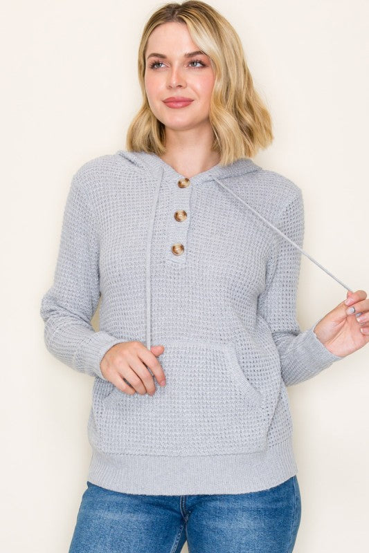 The Marnie Waffle Knit Hoodie – Light Grey Button Neck Pullover