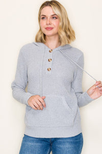 The Marnie Waffle Knit Hoodie – Light Grey Button Neck Pullover