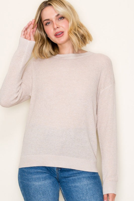 Staccato Lightweight Textured Pullover Sweater – Oatmeal Crew Neck Long Sleeve